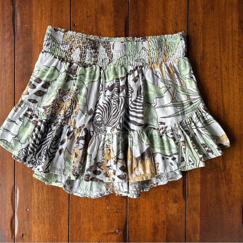Aerie Linen Jungle Print Hi-Low Mini Skirt Size M | Animal Safari Smocked Waist - Picture 9 of 9